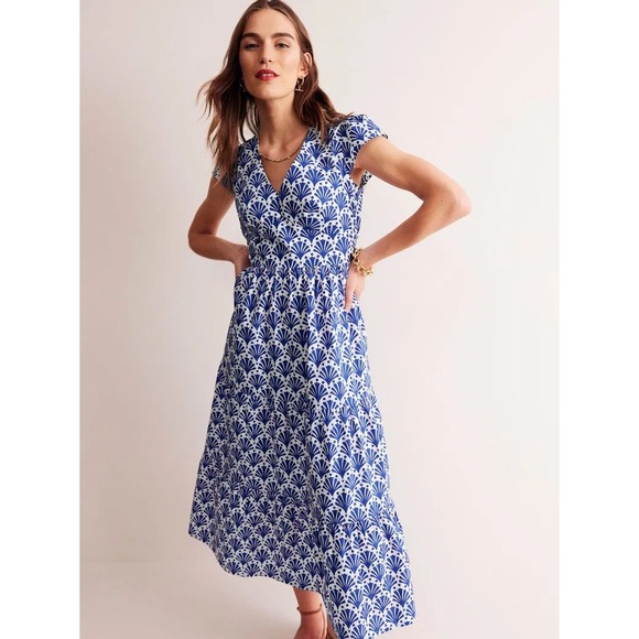 Boden Dresses & Skirts - Boden May Shell Print Cotton Midi Dress Blue White Cap Sleeve Size US 4R UK 8R